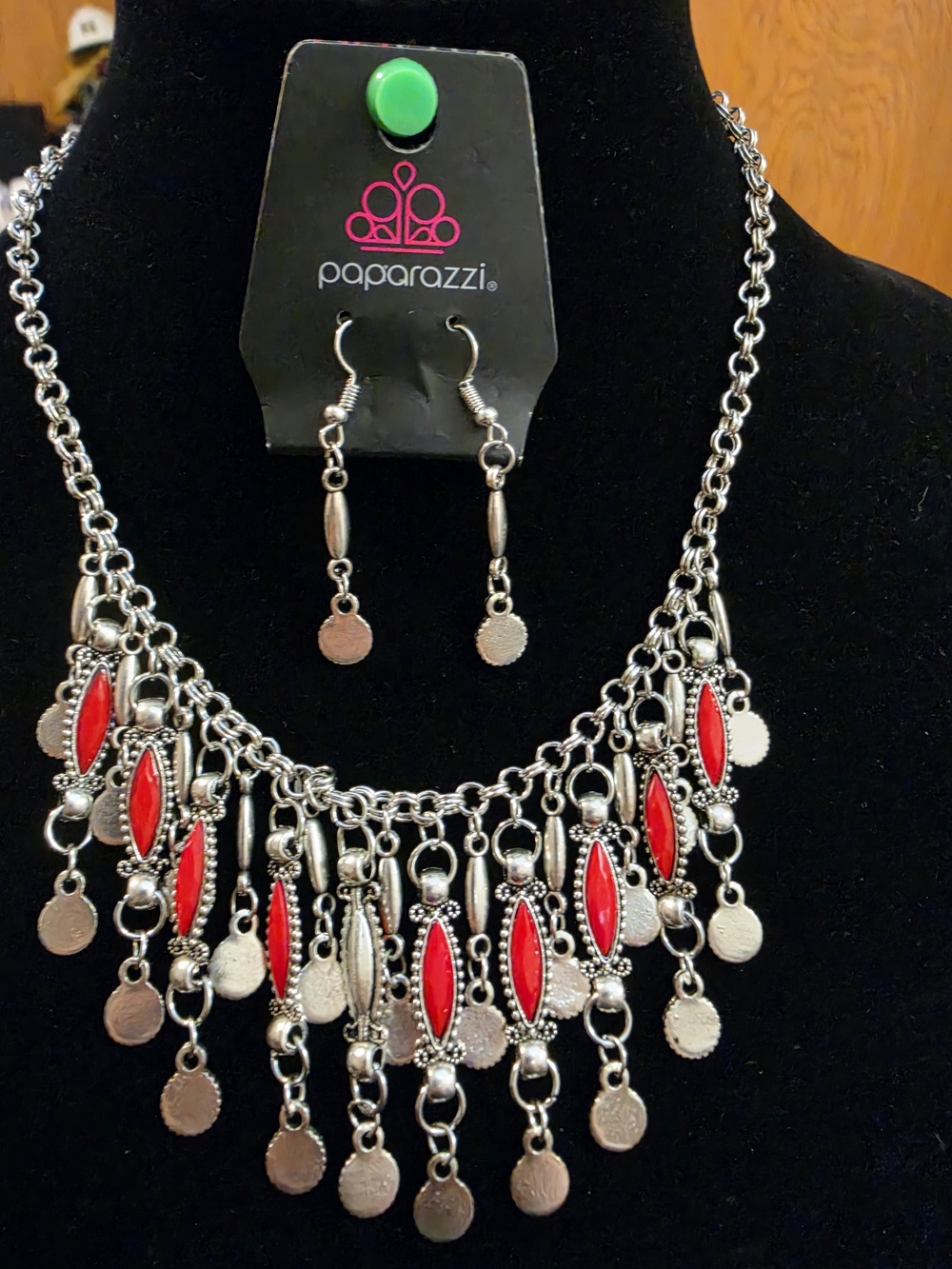 paparazzi Red and Silver Fringe Statement Necklace with Matching Earrings